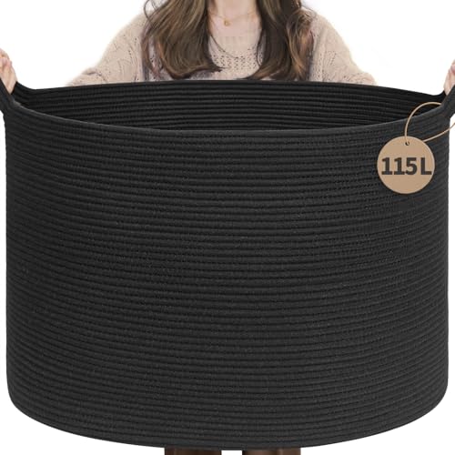 INDRESSME 115L Extra Large Woven Rope Blanket Basket Living Room, Black | 23.6" x 15.7" Storage baskets for toys laundry & pillows. Fits living room, bedroom or nursery décor. Soft-touch with handles - color: Black, size: 23.6"D x 15.7"H