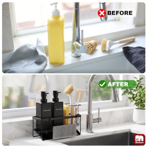 GMISUN Dish Soap Dispenser, 12 fl oz / 350 ml Dual Kitchen Soap Dispensers with Sponge Holder, Customized Matte Black Kitchen Soap Dispenser Set, Modern Hand and Dish Soap Bottle Set Removable - color: Black Bottle + Black Rack