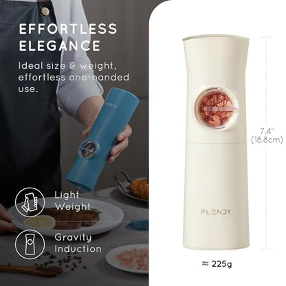 Flendy Gravity Electric Salt and Pepper Grinder Set with Charging Base | USB-C Charging Base, Gravity-Activated, Automatic, Rechargeable, Dust Cover, Large Capacity, Slim, Kitchen Housewarming Gift - color: Cream