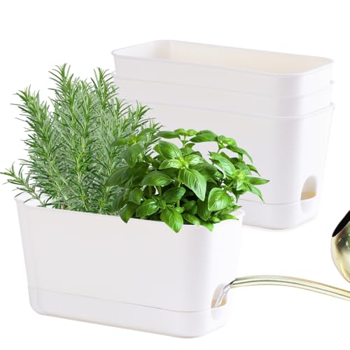 Self Watering Planters: 4 Packs Rectangular Plant Pots with with Drainage and Tray, 10 Inch Window Pot Self Watering Planter for Herb, Houseplants - size: 10 inch 4 Pcs