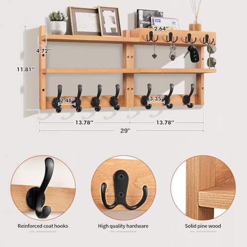 29" Coat Rack Wall Mount with Shelf, Pine Two-Tier Wall Shelf Mounted Coat and Key Hanger with 7 Heavy Duty Hooks 4 Key Hooks, Entryway Key Holder with Mail Holder for Bedroom,Living Room (Wood) - color: Wood Pine