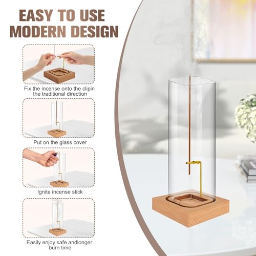 Incense Holder for Sticks: Incense Stick Holder with Wood Base | Top Side Burning Design Extends More Time -Removable Ash Collection Glass - Installation-Free - for Yoga Home Decor