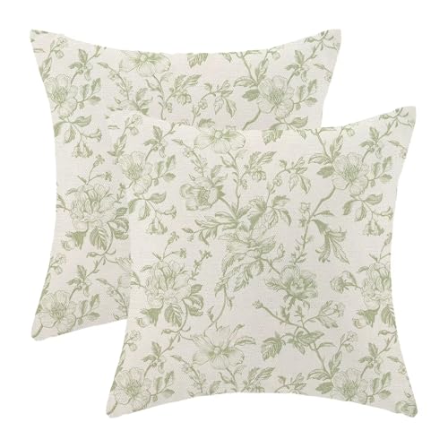 AEIOAE Sage Green Floral Pillow Covers 16 x 16 Inch Set of 2, Vintage Chinoiserie Flower Decorative Throw Pillow Covers Outdoor Linen Farmhouse Decor Pillowcase for Home Sofa - color: Sage Green1, size: 16" x 16" (Pack of 1)