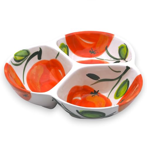 3-Compartment Ceramic Serving Dish, Handmade in Spain | 7.5” divided chip and dip bowl with lead-free glaze, microwave, oven and dishwasher safe, ideal for tapas, snacks and sauces - color: Orange Glow