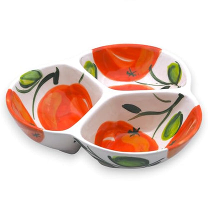 3-Compartment Ceramic Serving Dish, Handmade in Spain | 7.5” divided chip and dip bowl with lead-free glaze, microwave, oven and dishwasher safe, ideal for tapas, snacks and sauces - color: Orange Glow