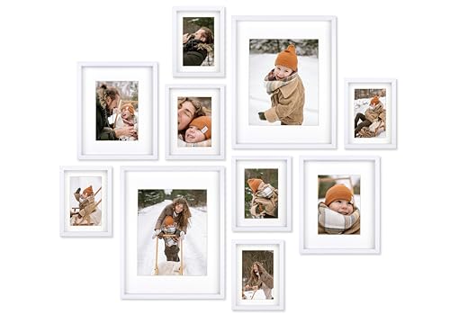 10 Piece Shadow Box Style Gallery Wall Frame Set – Deep Photo Frame Set with Mat for 8x10, 5x7 and 4x6 - Multiple Sizes Picture Frame Set for Wall Collage – Assorted Picture Frames for Wall (White) - color: White, size: Gallery Wall "Stamp"