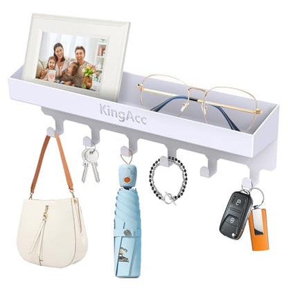 KingAcc Key Holder for Wall Decorative, Wall Mounted Key and Mail Organizer, Adhesive Key Rack with Tray for Entryway Hallway Kitchen Farmhouse, Metal Key Hanger with 6 Key Hooks(White)