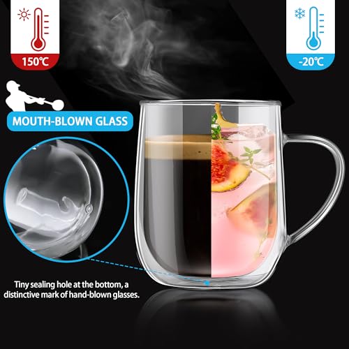 Joeyan Large Clear Double Walled Glass Coffee Mugs 15 oz, Double Layer Tea Latte Cappuccino Cups with Handle, Double Lined Insulated High Borosilicate Glassware for Milk and Hot Beverages, Set of 2 - color: 400ml-Clear with handle