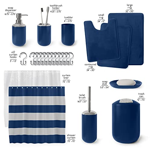 Clara Clark Bathroom Set - Navy Bathroom Accessories Set, Bathroom Sets with Shower Curtain and Rugs, 23PC Shower Curtain Set with Liner, Soap Dispenser, Soap Dish, Toilet Brush Holder, and Trash Can - color: Navy, size: Complete Set + Bath Rugs