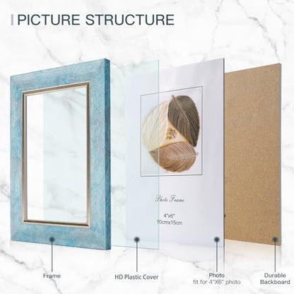 XUANLUO 4x6 Picture Frames Set of 4 Rustic Retro Photo Frame with HD Plastic Cover for Wall Mount and Tabletop Display Family Friends Wedding Gift - color: Blue-4pcs, size: 4×6 inch