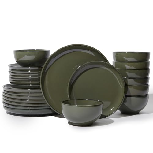 24 Piece Dinnerware Set for 8, Santorini Mist Terracotta Plates and Bowls Sets, Complete Stoneware Dish Set for Large Families and Entertaining, Microwave & Dishwasher Safe, Blackish Green - color: Blackish Green, size: 24pcs (for 8)