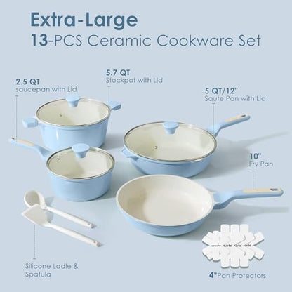 SENSARTE Nonstick Ceramic Cookware Set Large 13-Piece, Healthy Pots and Pans Set Dishwasher Safe, Non-toxic Kitchen Cooking Set with Stay-Cool Handles, Induction Compatible, PFAS Free, Blue - color: Light Blue