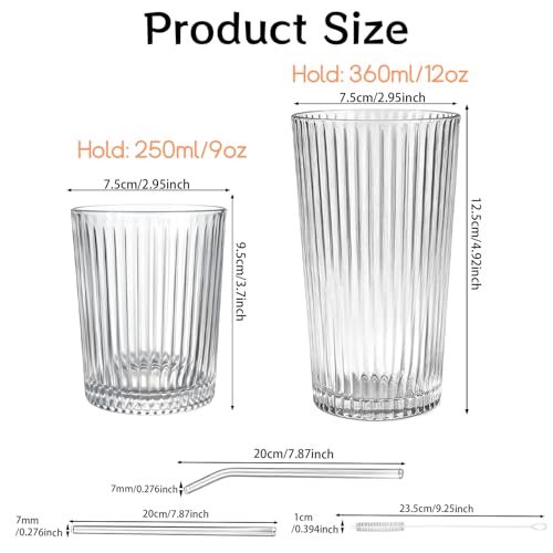 12 Pcs Ribbed Drinking Glasses Set 9 oz 12 oz Clear Ice Coffee Highball Ripple Drinkware Vintage Glassware Ribbed Cocktail Cup for Beverages Bar Home