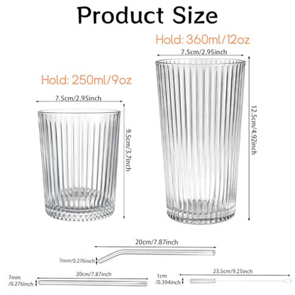 12 Pcs Ribbed Drinking Glasses Set 9 oz 12 oz Clear Ice Coffee Highball Ripple Drinkware Vintage Glassware Ribbed Cocktail Cup for Beverages Bar Home