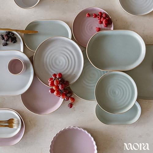 MORA Medium Plates Set of 4, 8.5 inch Ceramic Pottery Salad Plates - Microwave, Oven and Dishwasher Safe - Dawn - color: Dawn