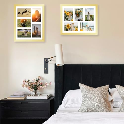 JCJMY 11x14 Collage Picture Frame with Mat, Display 5 Pcs 4x6 Photos or 11x14 Picture, Five Opening 4x6 Picture Frame Collage for Wall Hanging, Lightweight 4 x 6 Multi Photo Frame,Gold - color: Gold