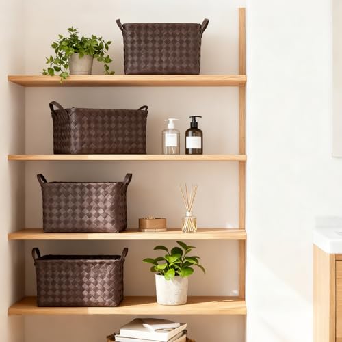 15L Laundry Baskets Waterproof Large Laundry Hamper Handmade Storage Baskets -set of 4 Collapsible Cube Organizers Woven Bins for Bathroom, Bedroom, Pantry, Shelves, Clothes and Towels-Coffee - color: Coffee*4 Set