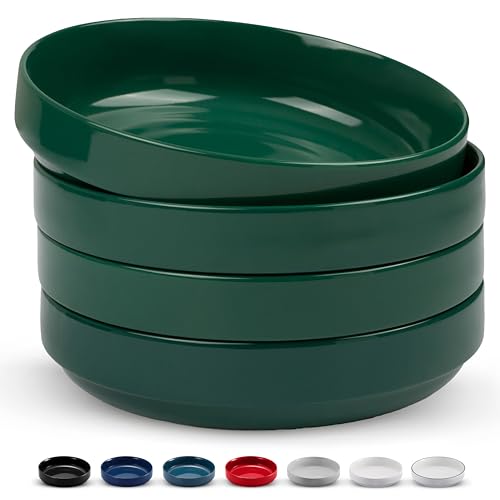 KooK Ceramic Large Pasta Bowls, Microwave and Dishwasher Safe, Great for Soups and Salads, Shallow Serving Bowls, Glossy Porcelain, 47 oz, Set of 4, Hunter Green - color: Hunter Green