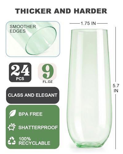 24 Pack Plastic Champagne Flutes, 9 Oz Disposable Wine Mimosa Glasses | Stemless Champagne Flutes Cocktail Cups, Party Cups for Bachelorette Bridal Shower Wedding Mimosa Bar (Green) - color: Green-24 Pack