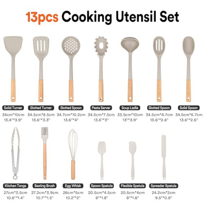 Kitchen Utensils Set, 13PCS Silicone Cooking Utensils, Heat Resistant Kitchen Utensil Spatula Set for Nonstick Cookware, Wooden Handles Kitchen Gadgets Tools Set - color: Khaki