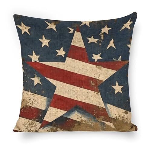 July 4 American Star Throw Pillow Covers Linen Pillow Cases 18x18 Inch Square Cushion Pillowscover Modern Farmhouse Decor for Sofa Bedroom Living Room Car - color: July 4 American Star, size: 18" x 18" (Pack of 1)