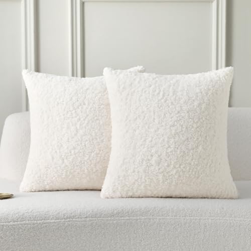 FUTEI Pack of 2 Faux Fur Teddy Boucle Pillow Covers 18x18 Inch, Cream White | Soft Fluffy Decorative Textured Neutral Pillow Covers, Machine Washable,Accent Solid Couch Pillows Sofa Bed Home Living Room - color: Cream White, size: 18" x 18" (Pack of 2)