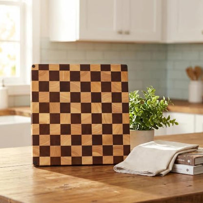 Checkered End Grain Butcher Block Cutting Board | 13" x 13" x 1.5" Thick | Acacia & Rubber Wood | Reversible | Heavy Duty Food Prep & Serving - color: Checkered Square