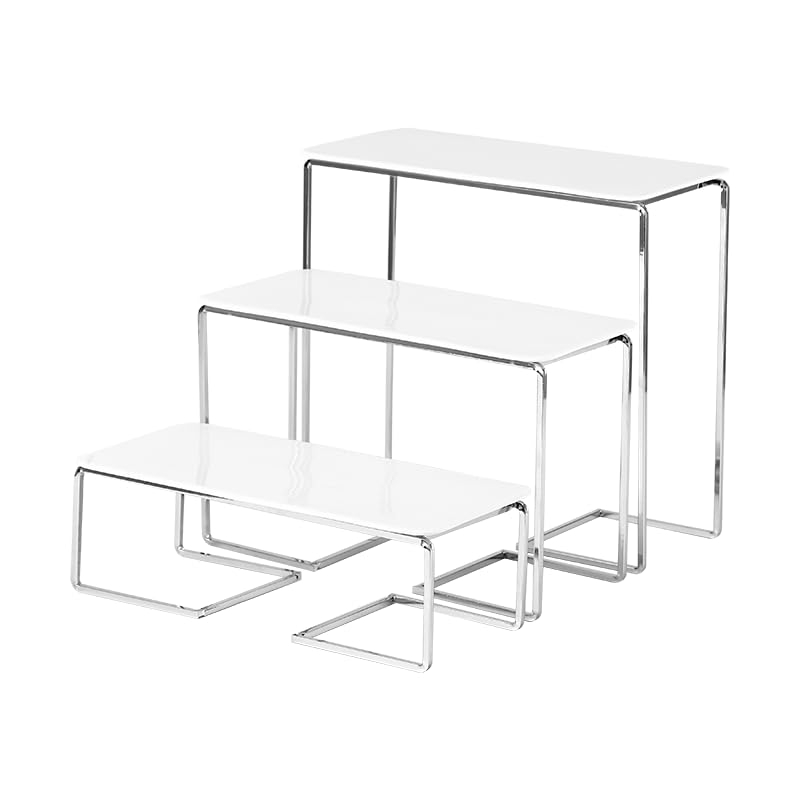 12-Inch Rectangular 3 Tier Serving Tray Stand, White Acrylic Trays with Silver Painted Iron Rack, Removable Dessert Display for Cupcakes, Appetizers, Fruit and Cookies - color: White and Silver