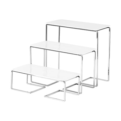 12-Inch Rectangular 3 Tier Serving Tray Stand, White Acrylic Trays with Silver Painted Iron Rack, Removable Dessert Display for Cupcakes, Appetizers, Fruit and Cookies - color: White and Silver
