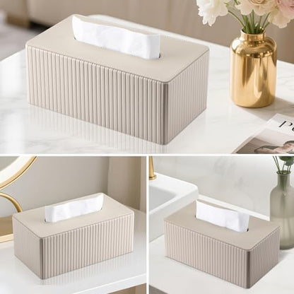 PU Leather Tissue Box Cover Rectangular Tissue Box Holder with Magnetic Bottom, Napkin & Facial Tissue Holder Dispenser for Home, Office for Standard 120-count/160-count (2-Ply) Beige Stripe - color: Beige Stripe