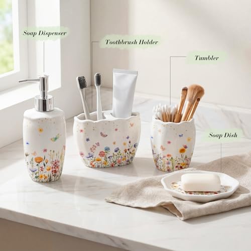 Ceramic Bathroom Accessories Set of 4, Wildflower Meadow Floral Decor with Butterflies & Gold Speckles, Soap Dispenser Pump, Toothbrush Holder, Tumbler Cup & Soap Dish for Countertop Vanity - style: Wildflower