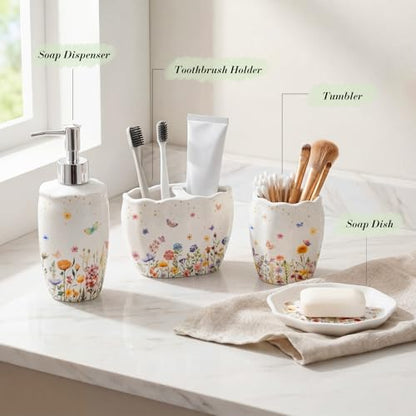 Ceramic Bathroom Accessories Set of 4, Wildflower Meadow Floral Decor with Butterflies & Gold Speckles, Soap Dispenser Pump, Toothbrush Holder, Tumbler Cup & Soap Dish for Countertop Vanity - style: Wildflower