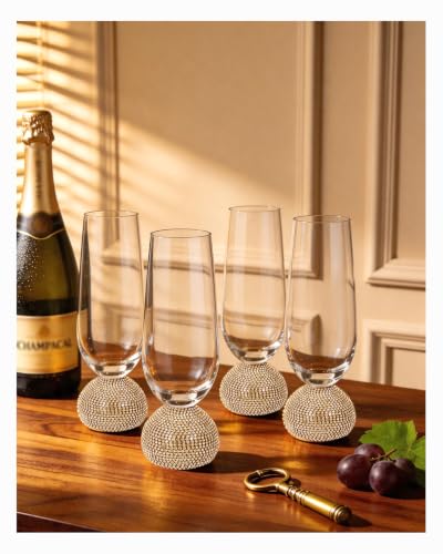 Stemless Fancy Champagne Flutes set of 4,Luxury Crystal Wedding Glasses | 10 oz Hand Blown Unbreakable Mimosa Glasses,for Weddings, Anniversaries, Christmas, Special Days (Gold Clear) - color: Gold Champagne glass