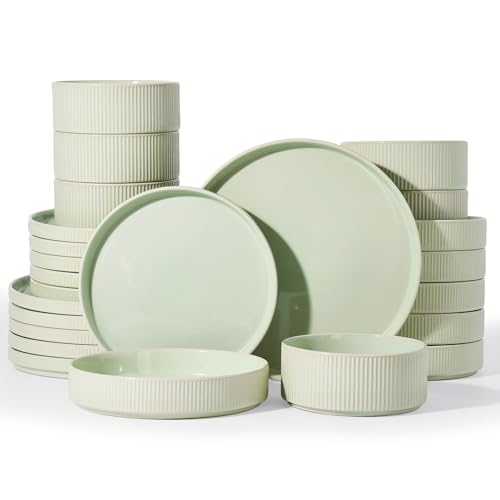 Famiware Stoneware Dinnerware Set with Pasta Bowls, 24pc Green Dishes for 6 | Ceramic Double Bowls & Flat Plates, Chip & Scratch Resistant, Microwave & Dishwasher Safe, Everyday Dining, Rustic Modern - color: Light Green, size: Service for 6 - Double Bowl