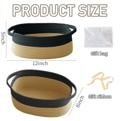 JMvicyroam Small Woven Basket, Empty Gift Basket, Black&Jute/1 Pack | Small Gift Basket, Cotton Rope, 12 x 8 x 81 in, Handles, Includes Ribbon and Bag, Birthday Gift Basket - color: Black&Jute, size: 1 Pack
