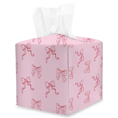 Pink Bow Tissue Box Cover Square, Coquette Cube Tissue Box Holder, Tabletop Decor Leather Facial Paper Organizer Dispenser for Bathroom Home Car Night Stand Living Room/23 - color: Pink Bow