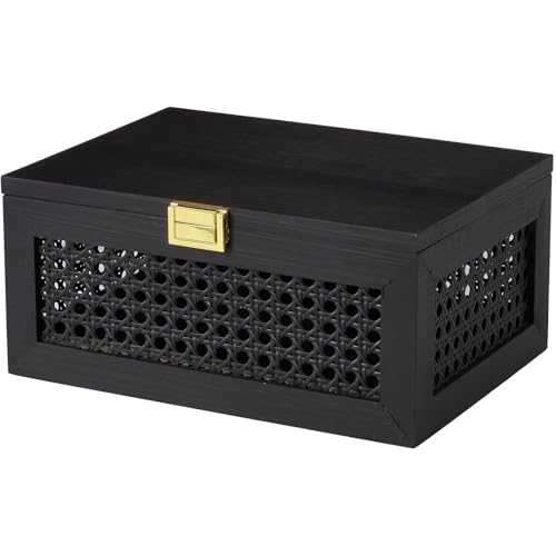 Decorative Rattan Storage Boxes Baskets with Lid Wooden Frame | Solid Wood Woven Wicker Bins, Jewelry Keepsake Container, Natural Boho Decor, Desk Shelf Closet Organizer, Black, Large - color: Black, size: Set of 1 (Large)