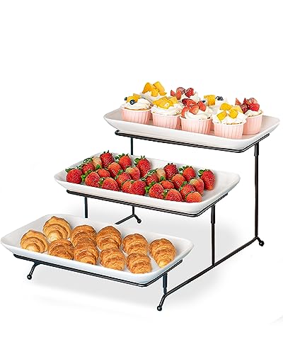 Delling Large 3 Tier Serving Tray Set, 14 Inch Tiered Serving Stand, Sturdier Rack with 3 Porcelain Serving Platters, Suitable for Dessert Table Display Set, Serving Dishes for Entertaining - size: 14 inch