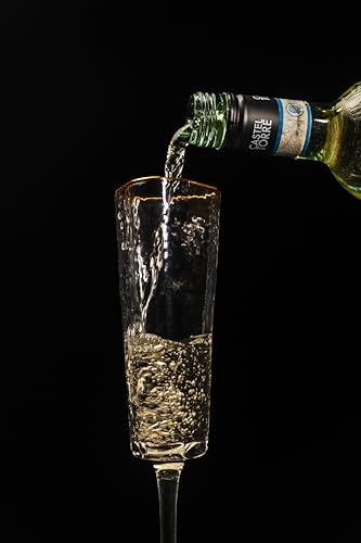 Bec's Designs Champagne Flutes Set of 4, 6oz Handblown, Hammered Gold Rim | Triangular champagne glasses offer elegant stemware for mimosas, Prosecco & weddings; handblown hammered glass design.