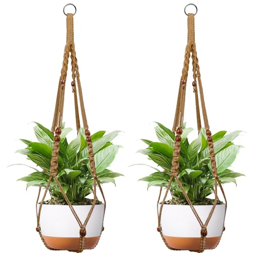 Macrame Plant Hanger - Fits 6-15 Inch Pots, Hanging Planter Holder for Indoor Outdoor, Cotton Rope Boho Home Decor, 43 Inch, Set of 2, Brown - color: Brown, size: 43+43in