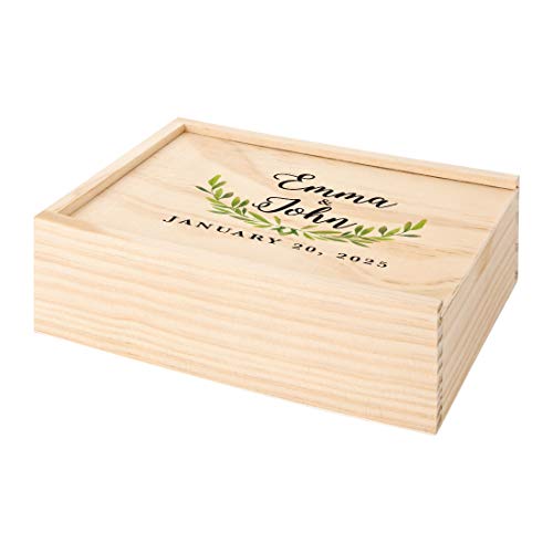 Koyal Wholesale Custom Willow Branch Leaves Cursive Couple Names Wedding Keepsake Box, 4 x 6 -inch, Custom Date, Wood - color: Cursive Willow Branch Leaves
