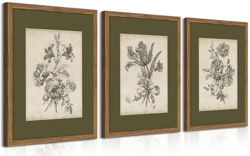Vintage Floral Wall Art Set of 3, Sketch Sage Green Botanical Canvas Wall Decor Paintings, Retro Minimalist Flower Artwork Posters Prints Pictures for Living Room Bedroom Bathroom 12x16 Inch Framed - size: 16"L x 12"W