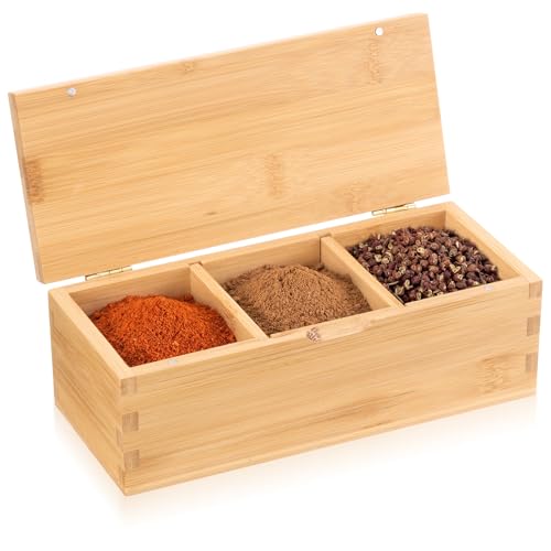 Bamboo Salt Cellar Spice Box with Magnetic Lid 29oz Large Capacity Salt Organizer 3 Compartments for Kitchen Countertop, Pepper, Seasonings, Spices, Grilling & Cooking - color: Bamboo, style: 3 Compartments