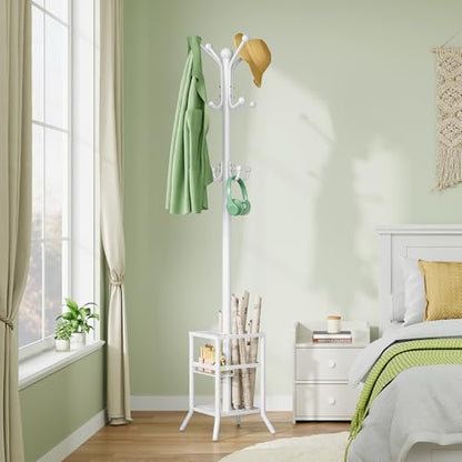 FAVOOSTY Coat Rack Freestanding,Coat Rack Stand with Umbrella Holder,Metal Coat Tree with 12 Hooks,Tree Clothes Hat for Entryway, Hallway, Bedroom, Living Room & Office -White - color: White