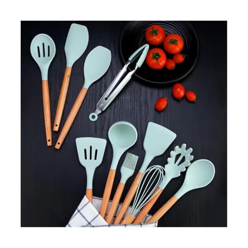 12-Piece Silicone Kitchen Utensil Set: Heat resistant up to 446°F. Includes Turner, Tongs, Spatula, Spoon, Brush, Whisk, Wooden Handles, Holder for Nonstick Cookware. (Light Green), Medium