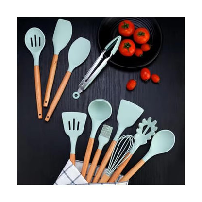 12-Piece Silicone Kitchen Utensil Set: Heat resistant up to 446°F. Includes Turner, Tongs, Spatula, Spoon, Brush, Whisk, Wooden Handles, Holder for Nonstick Cookware. (Light Green), Medium