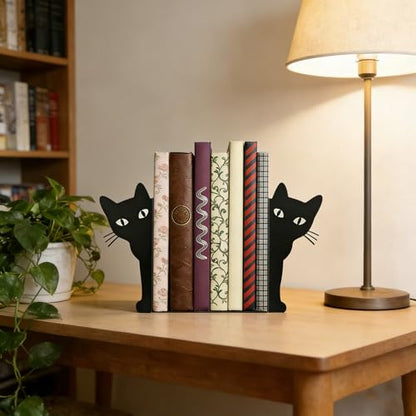 Peekaboo Cat Bookends, Black Metal Decorative Book Ends for Shelves, Heavy Duty Book Stoppers for Home & Office Desks, Ideal Gift for Cat Lovers & Book Lovers - style: Peekaboo Cat