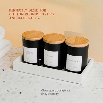 Mini Glass Apothecary Jars with Bamboo Lids, Small Bathroom and Kitchen Storage Containers, For Cotton Balls, Pads and Swabs, 10 oz, Set of 3 (Matte Black) - color: Matte Black