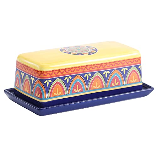 Bico Tunisian Ceramic Butter Dish with Lid, Wide Butter Keeper for Counter, Kitchen Countertop, Microwave and Dishwasher Safe - color: Tunisian