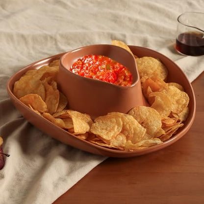 Chip and Dip Serving Set Bowl Cowboy Hat Chips and Salsa Serving Dish Brown. - color: Brown with spots